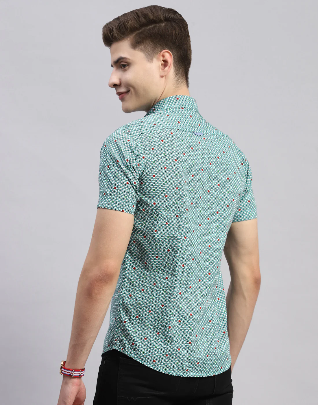 Men Green Check Collar Half Sleeve Shirt - Image 5