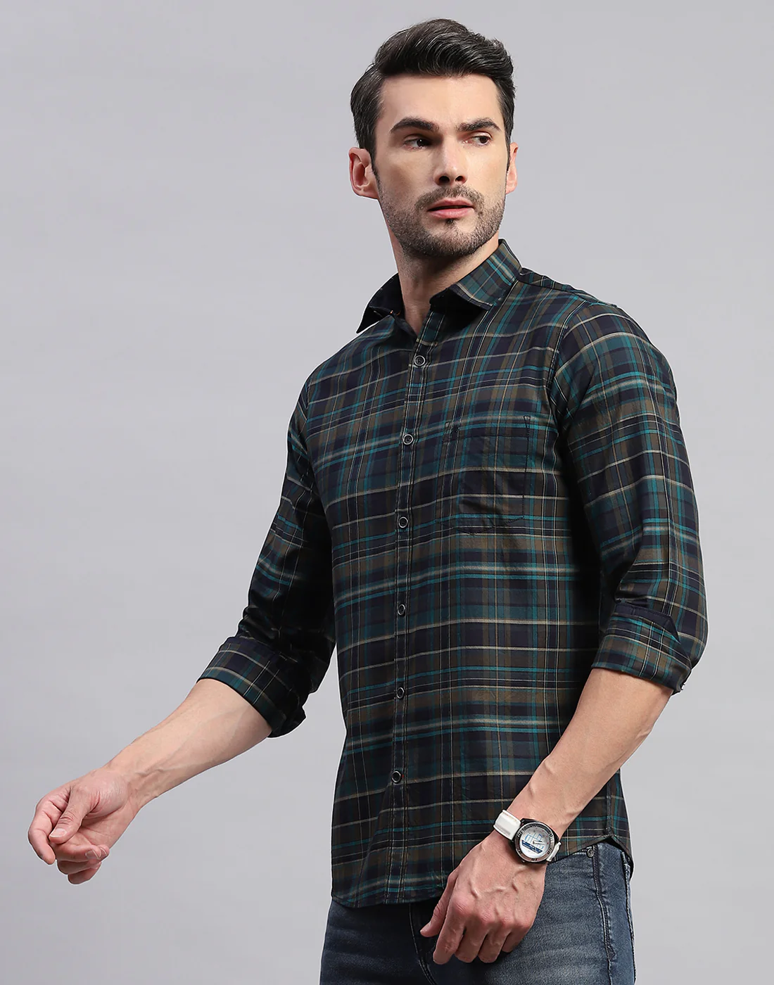 Men Green Check Collar Neck Full Sleeve Shirt - Image 3