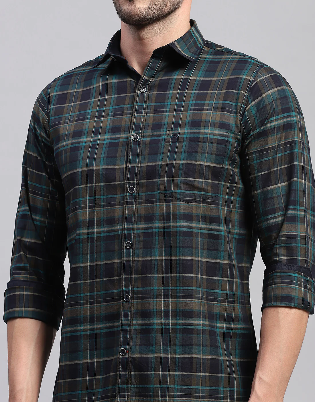 Men Green Check Collar Neck Full Sleeve Shirt - Image 6