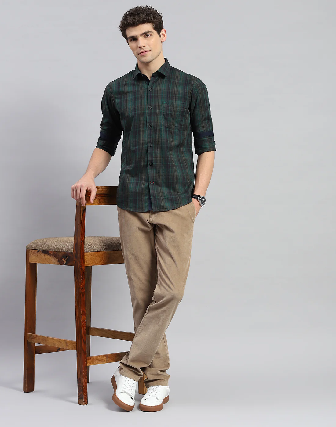 Men Green Check Collar Neck Full Sleeve Shirt - Image 2