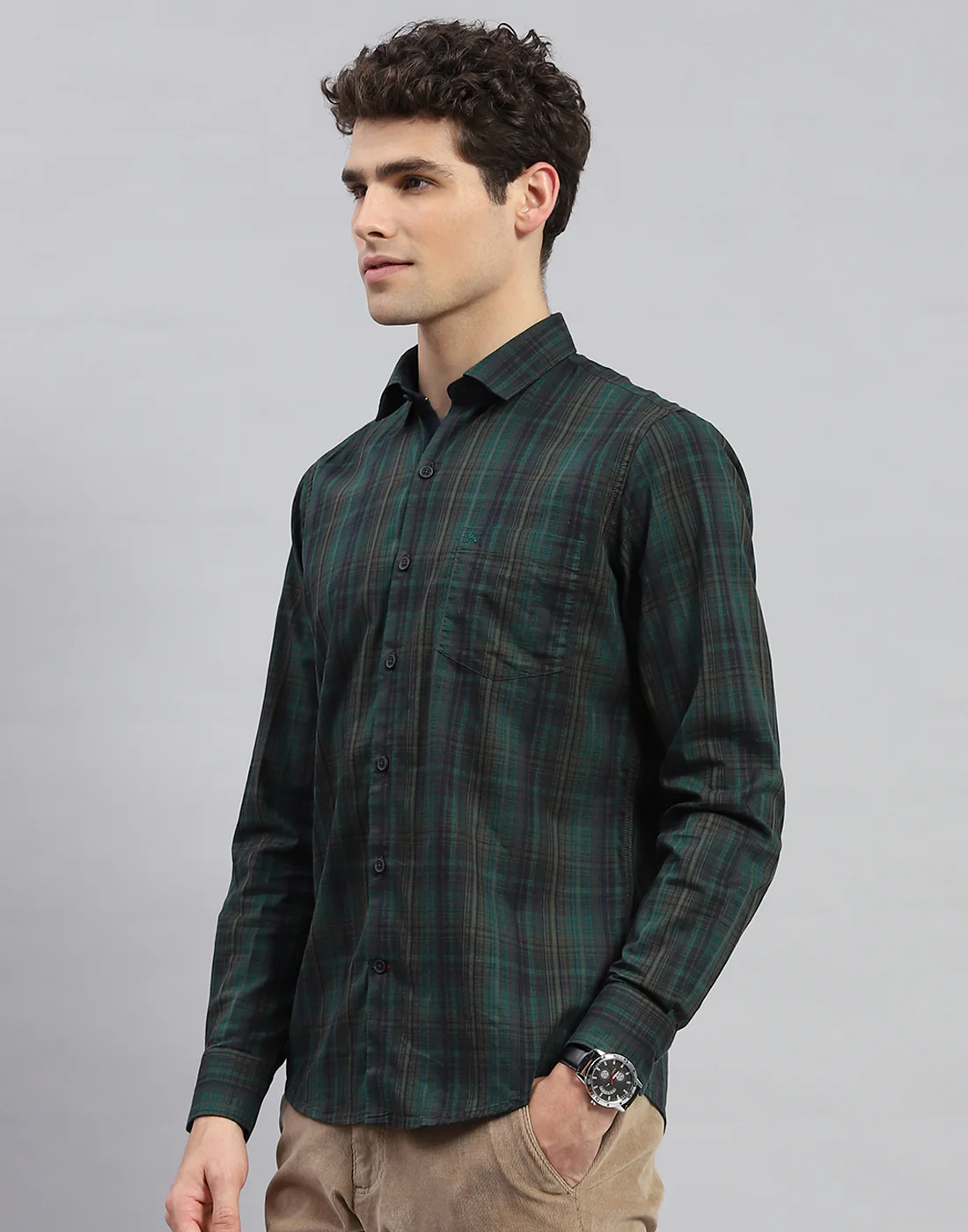 Men Green Check Collar Neck Full Sleeve Shirt - Image 3