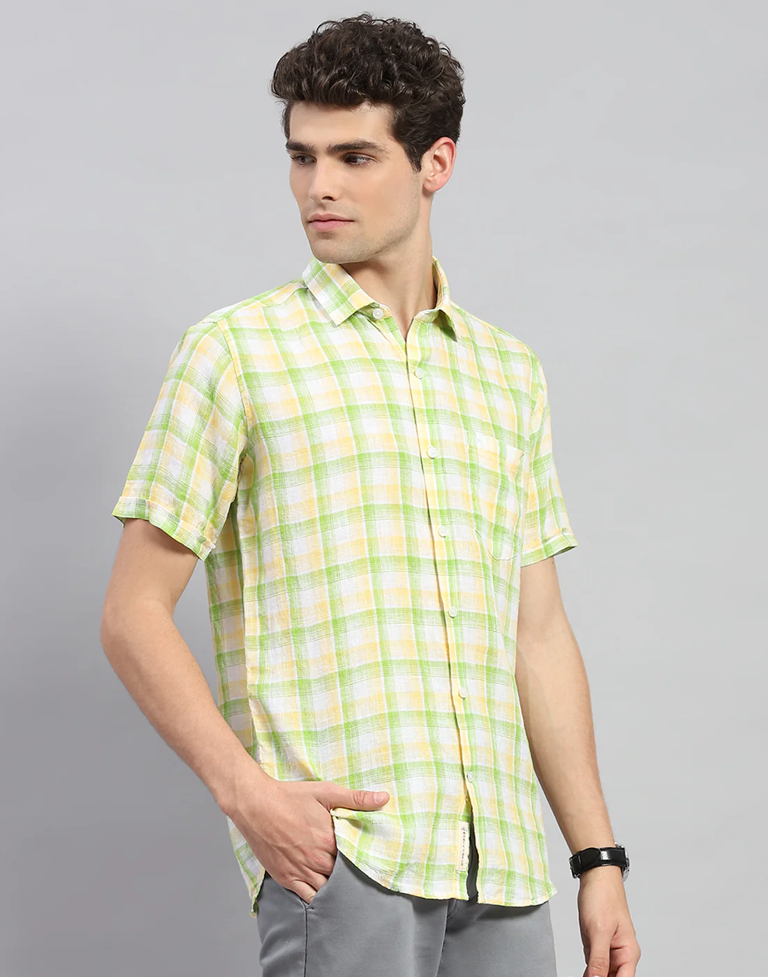 Men Green Check Collar Neck Half Sleeve Linen Shirt - Image 4