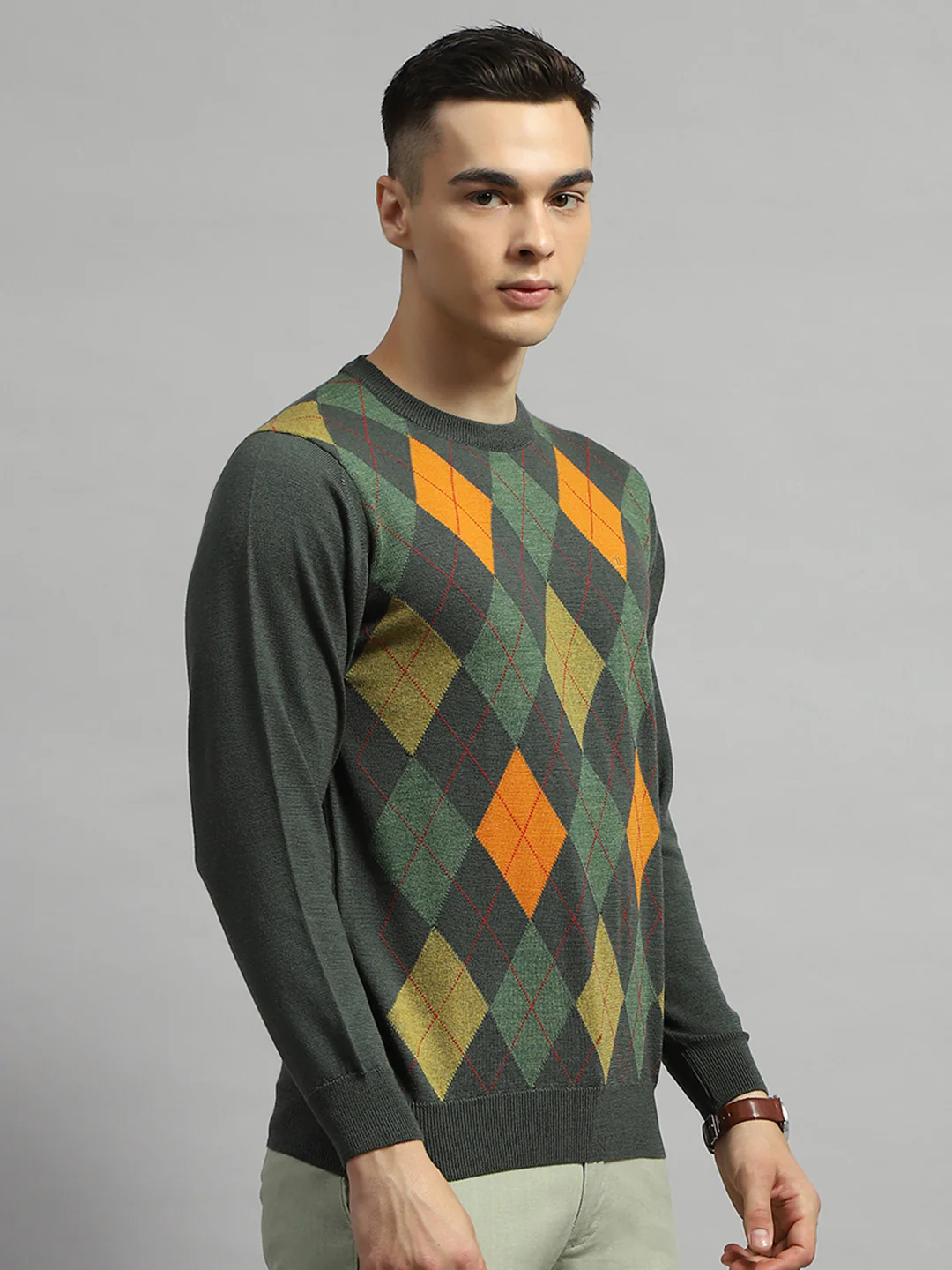 Luxuria Men Green Geometric Round Neck Full Sleeve Pullover - Image 4