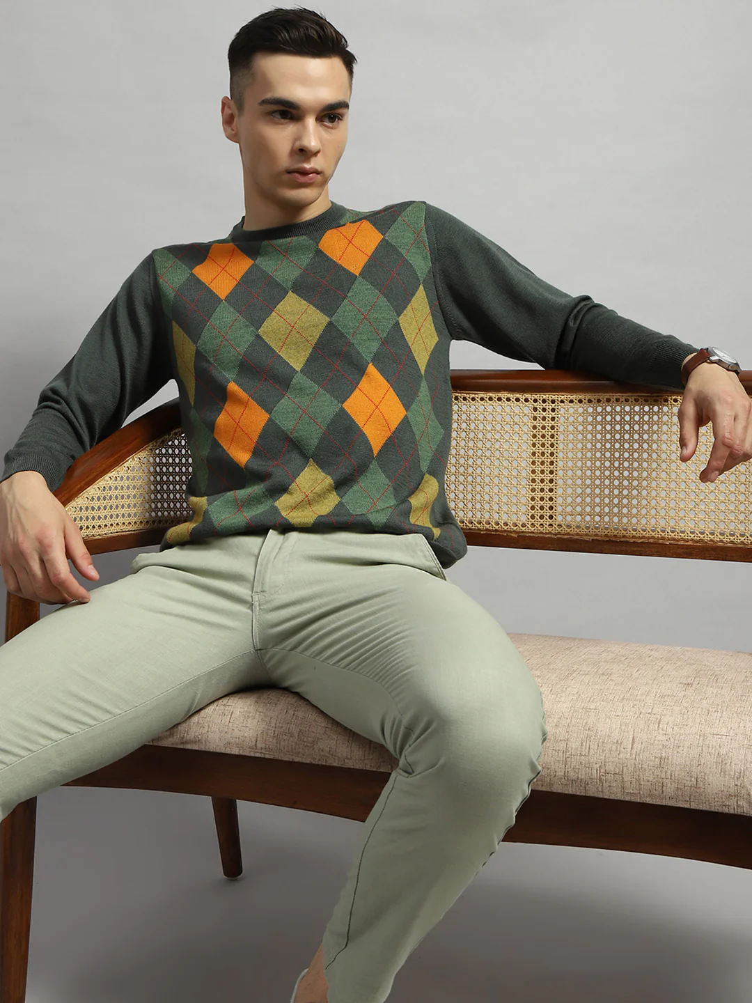 Luxuria Men Green Geometric Round Neck Full Sleeve Pullover - Image 7