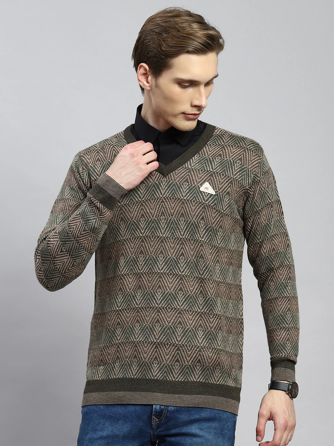 Men Green Jaquard Pullover - Image 2
