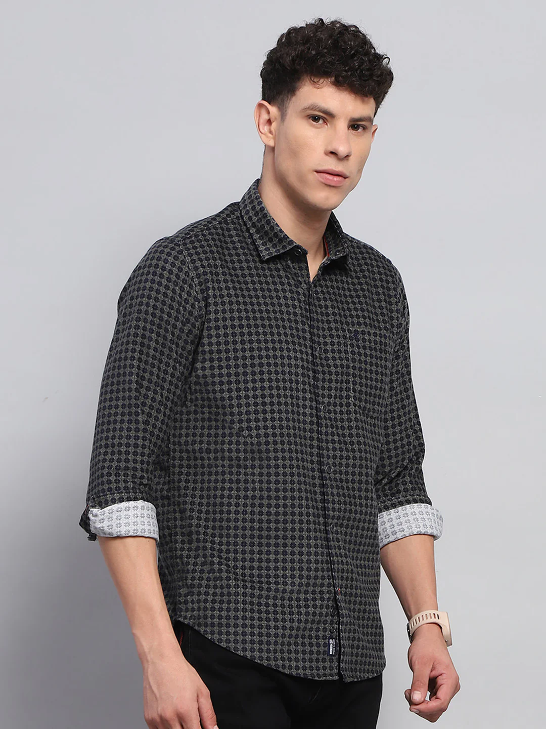 Men Green Printed Collar Full Sleeve Shirt - Image 4
