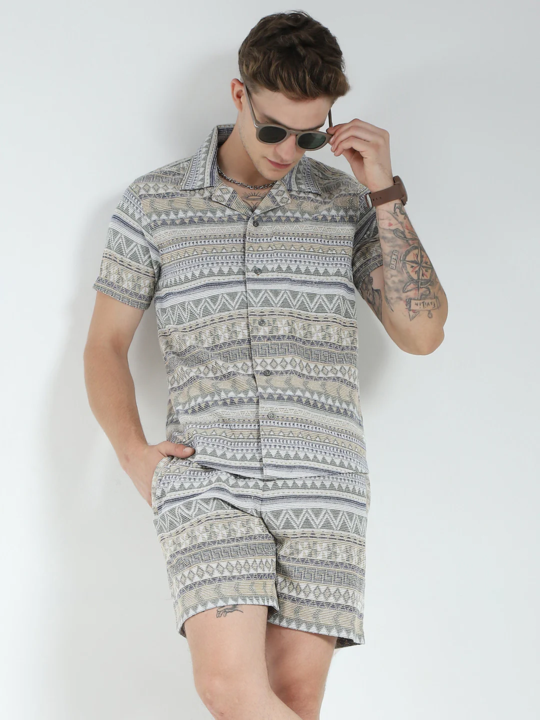 Men Green Printed Collar Half Sleeve Bermuda Set - Image 6