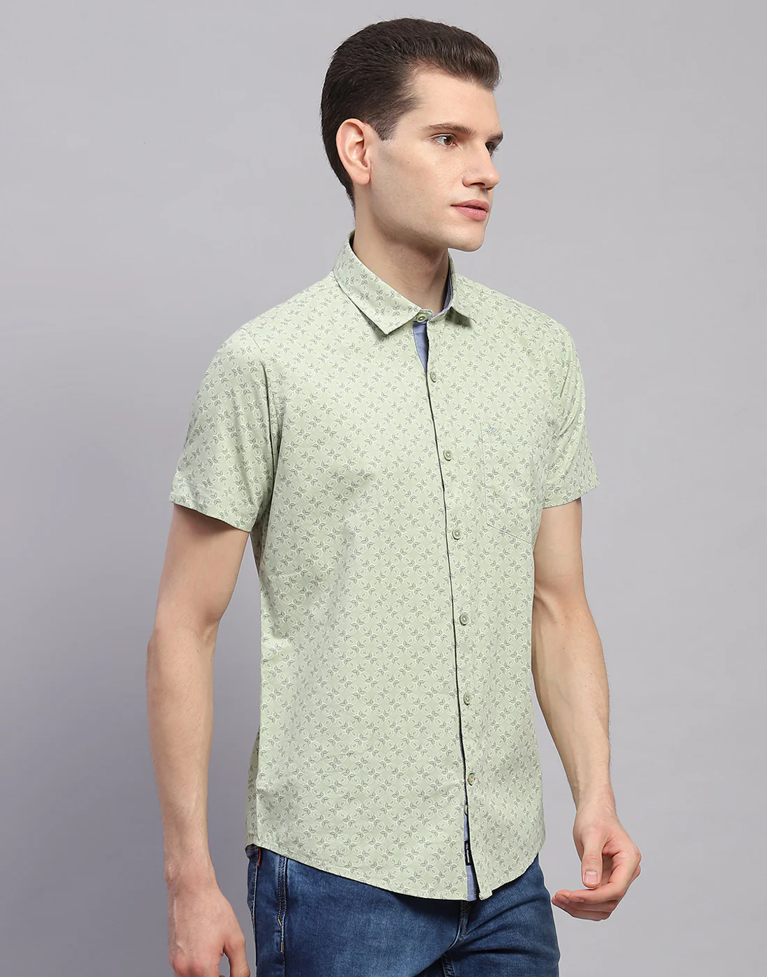 Men Green Printed Collar Half Sleeve Shirt - Image 4
