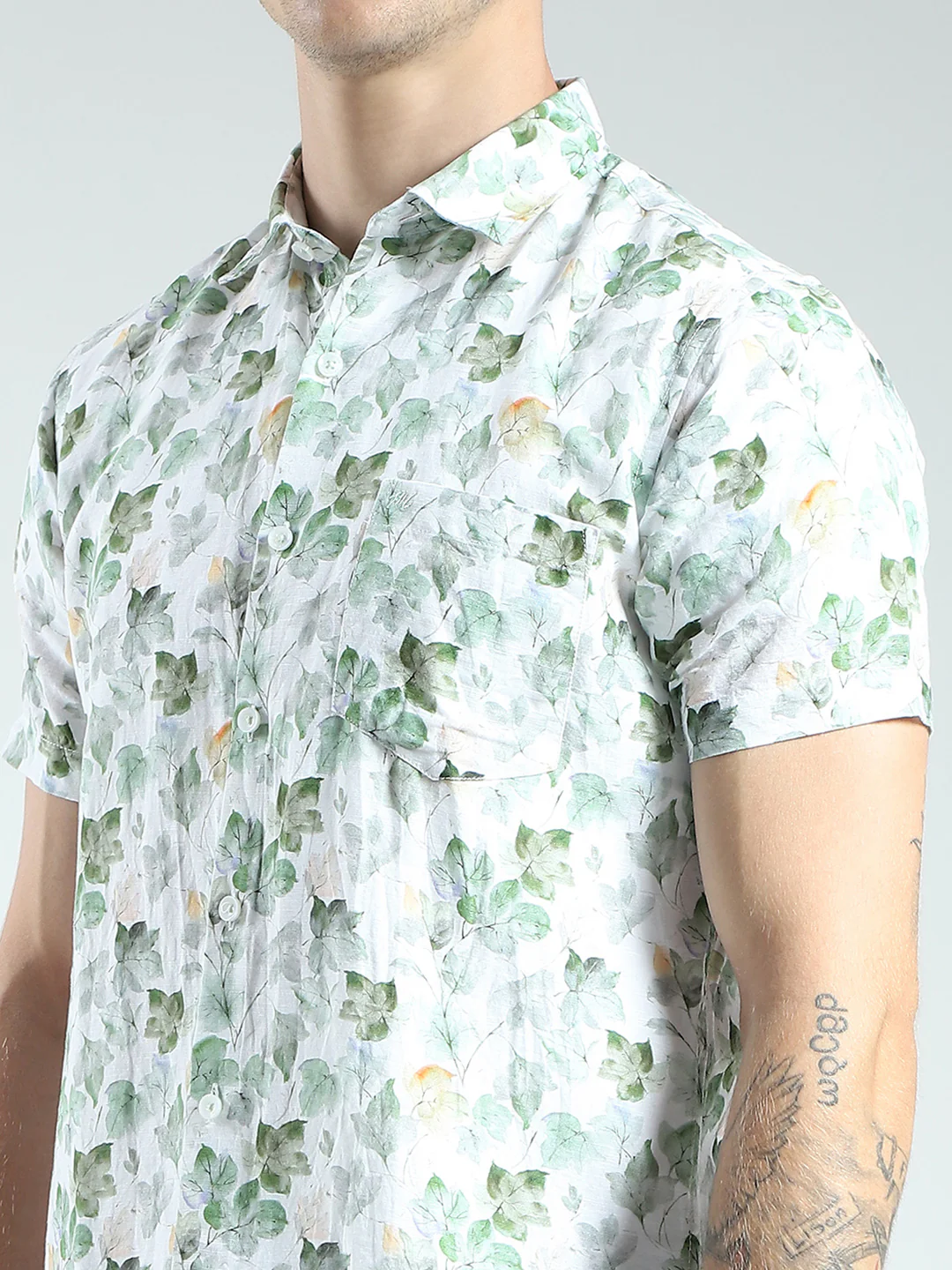 Men Green Printed Collar Half Sleeve Linen Shirt - Image 7