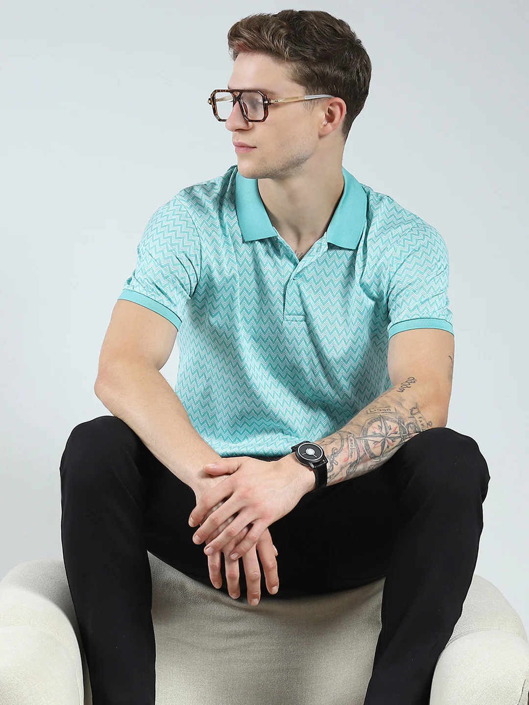 Men Green Printed Collar Half Sleeve T-Shirt - Image 6