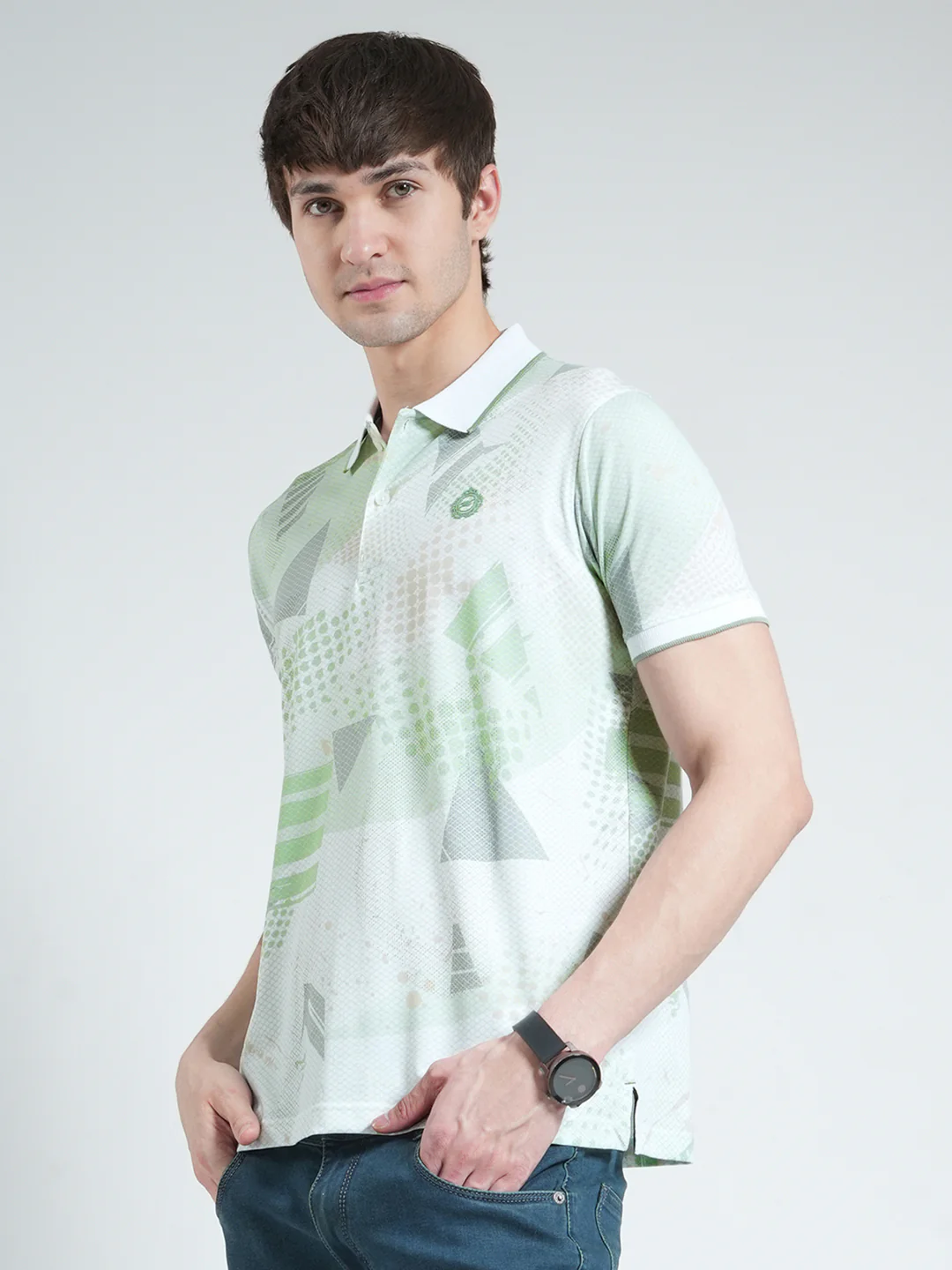 Men Green Printed Collar Half Sleeve T-Shirt - Image 3