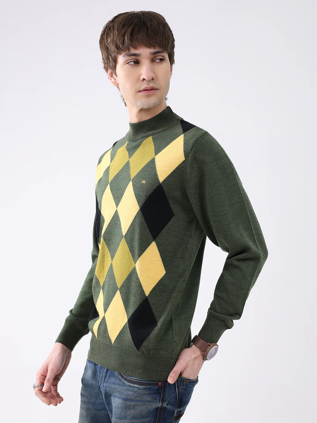 Men Green Printed Mock Neck Full Sleeve Pullover - Image 3