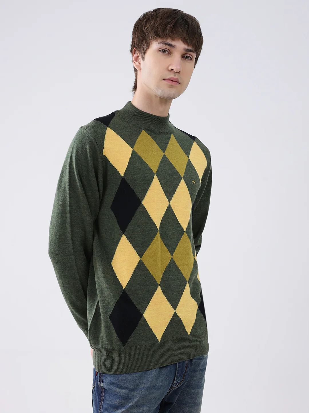 Men Green Printed Mock Neck Full Sleeve Pullover - Image 4