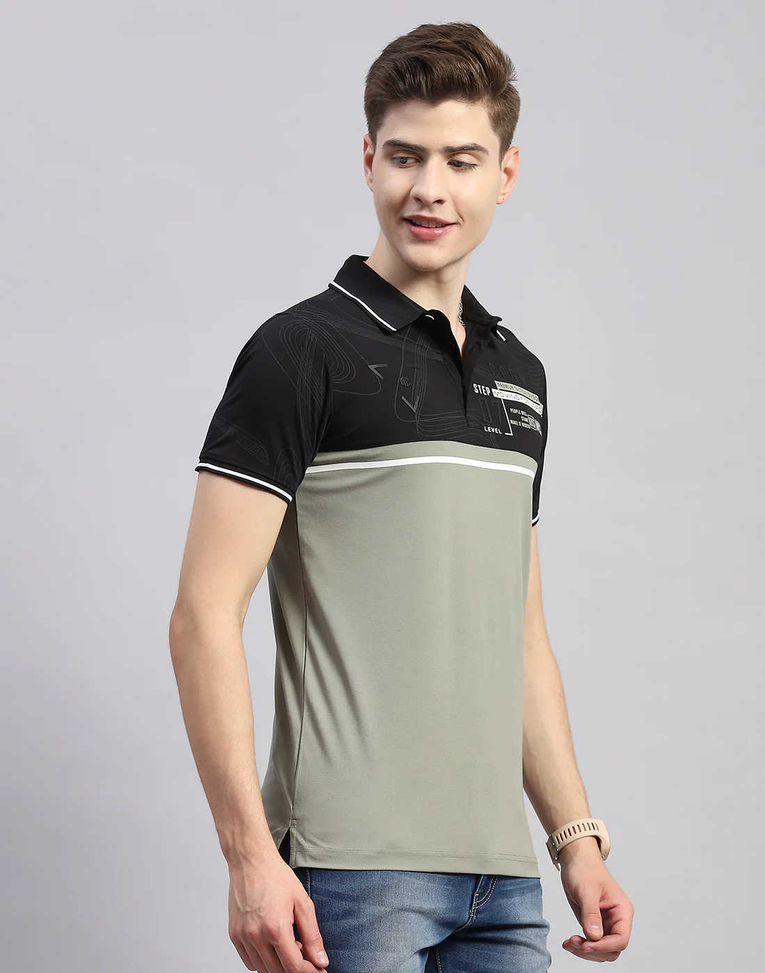Men Green Printed Polo Collar Half Sleeve T-Shirt - Image 4