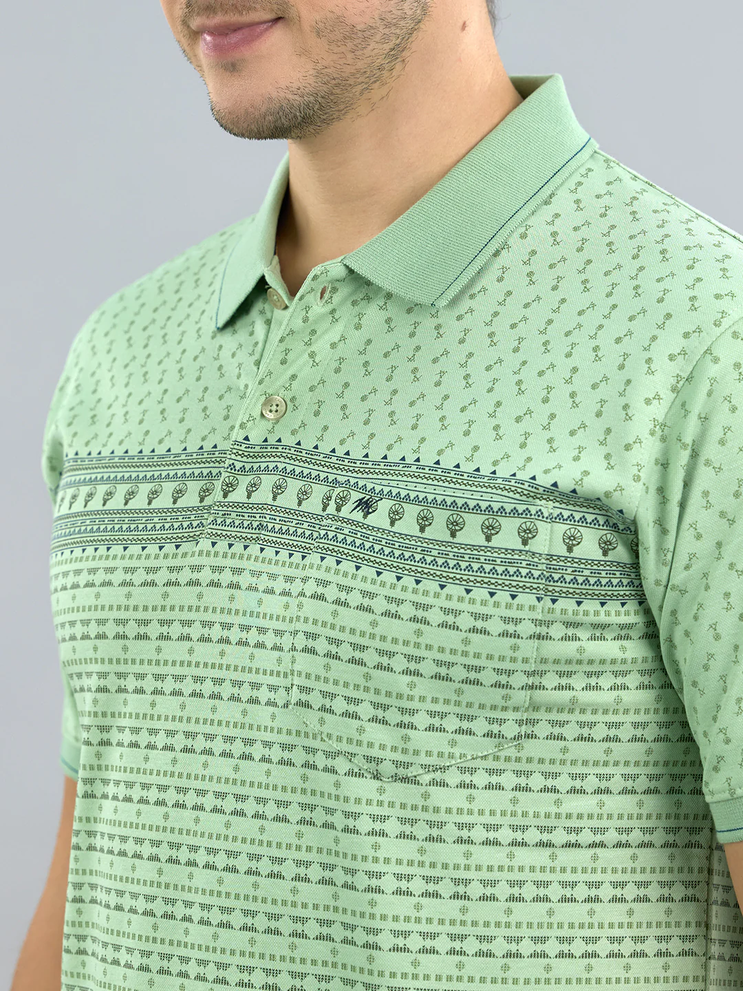 Men Green Printed Polo Collar Half Sleeve T-Shirt - Image 5