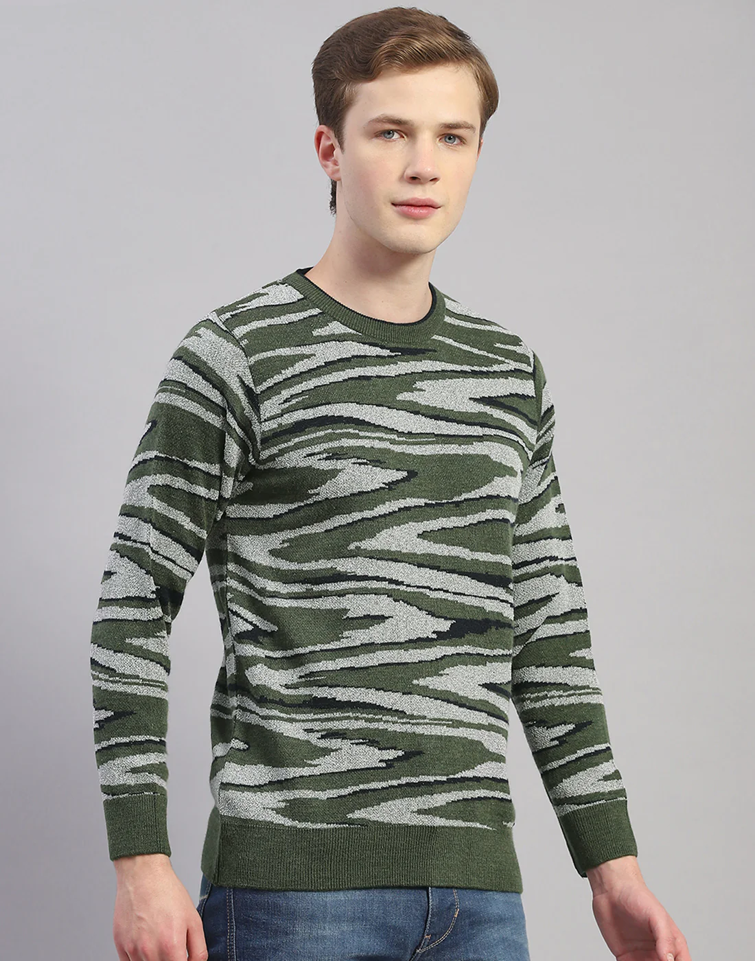 Men Green Printed Round Neck Full Sleeve Pullover - Image 5