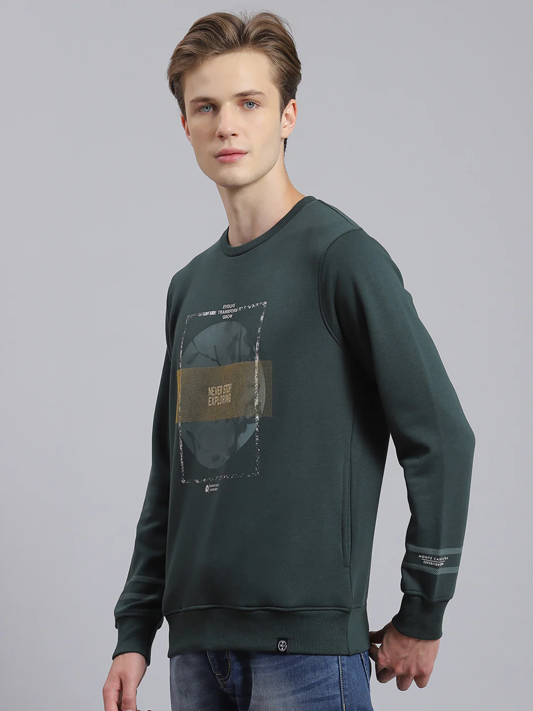 Men Green Printed Round Neck Full Sleeve Sweatshirt - Image 2