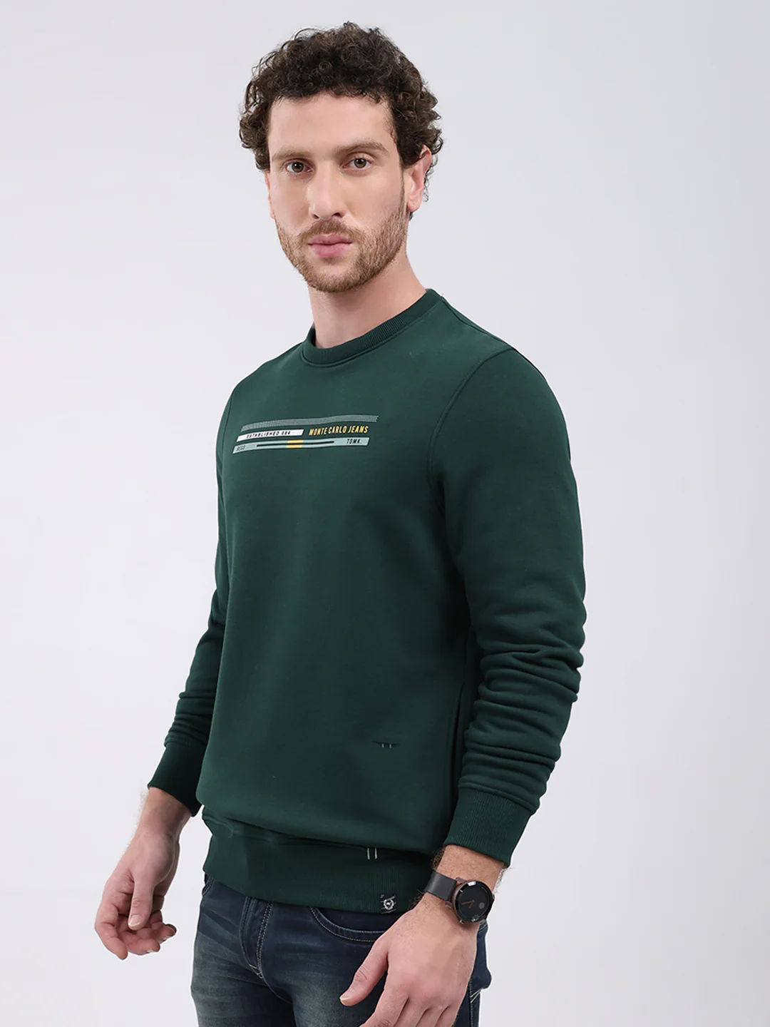 Men Green Printed Round Neck Full Sleeve Sweatshirt - Image 3