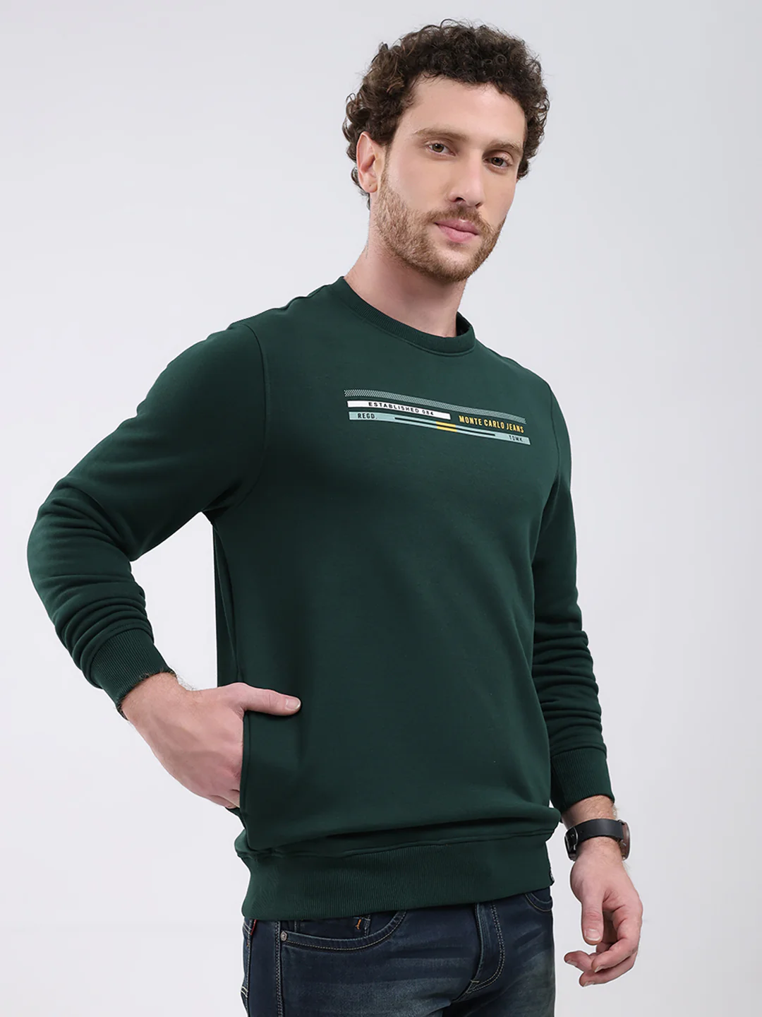 Men Green Printed Round Neck Full Sleeve Sweatshirt - Image 4