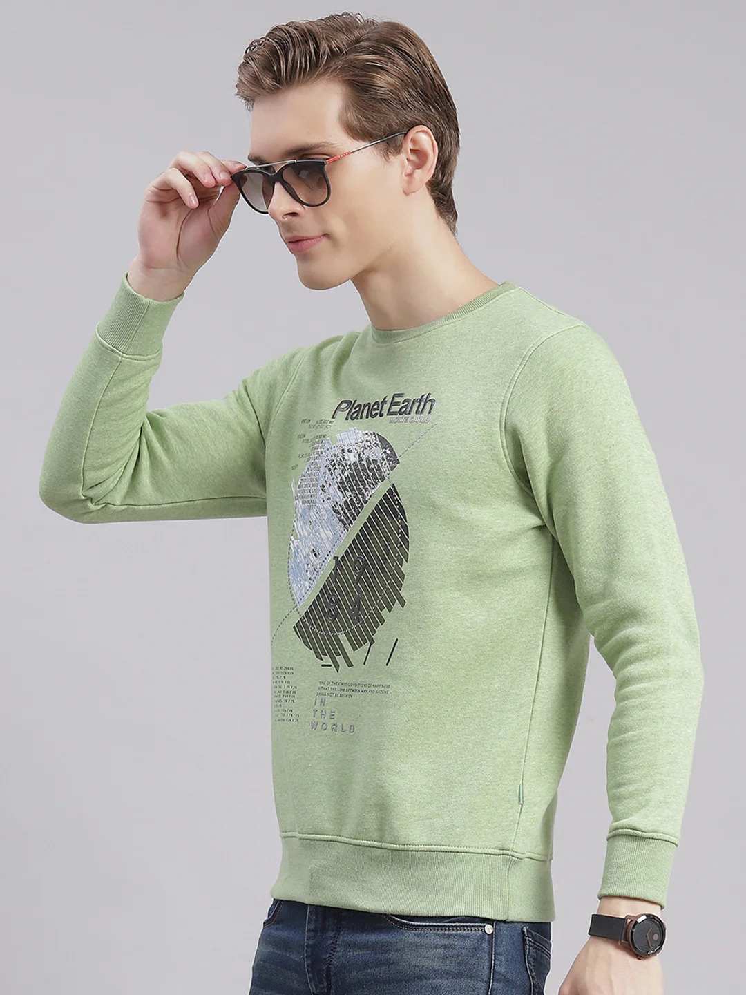 Men Green Printed Round Neck Full Sleeve Sweatshirts - Image 3