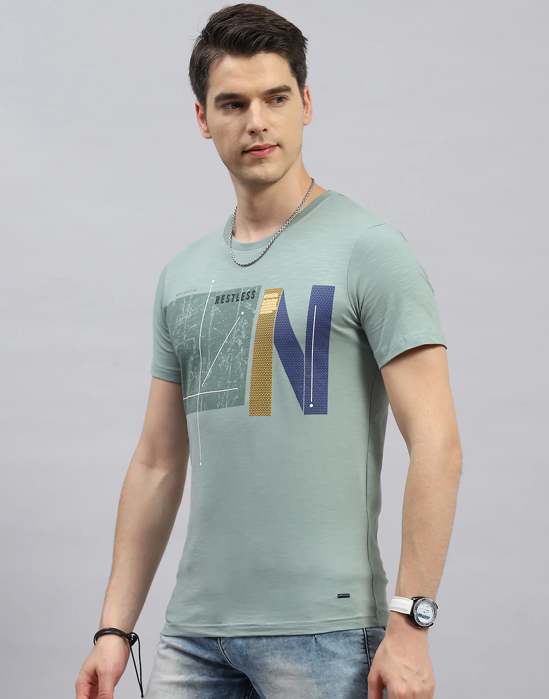 Men Green Printed Round Neck Half Sleeve T-Shirt - Image 3