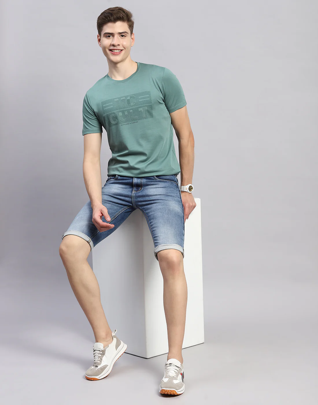 Men Green Printed Round Neck Half Sleeve T-Shirt - Image 2