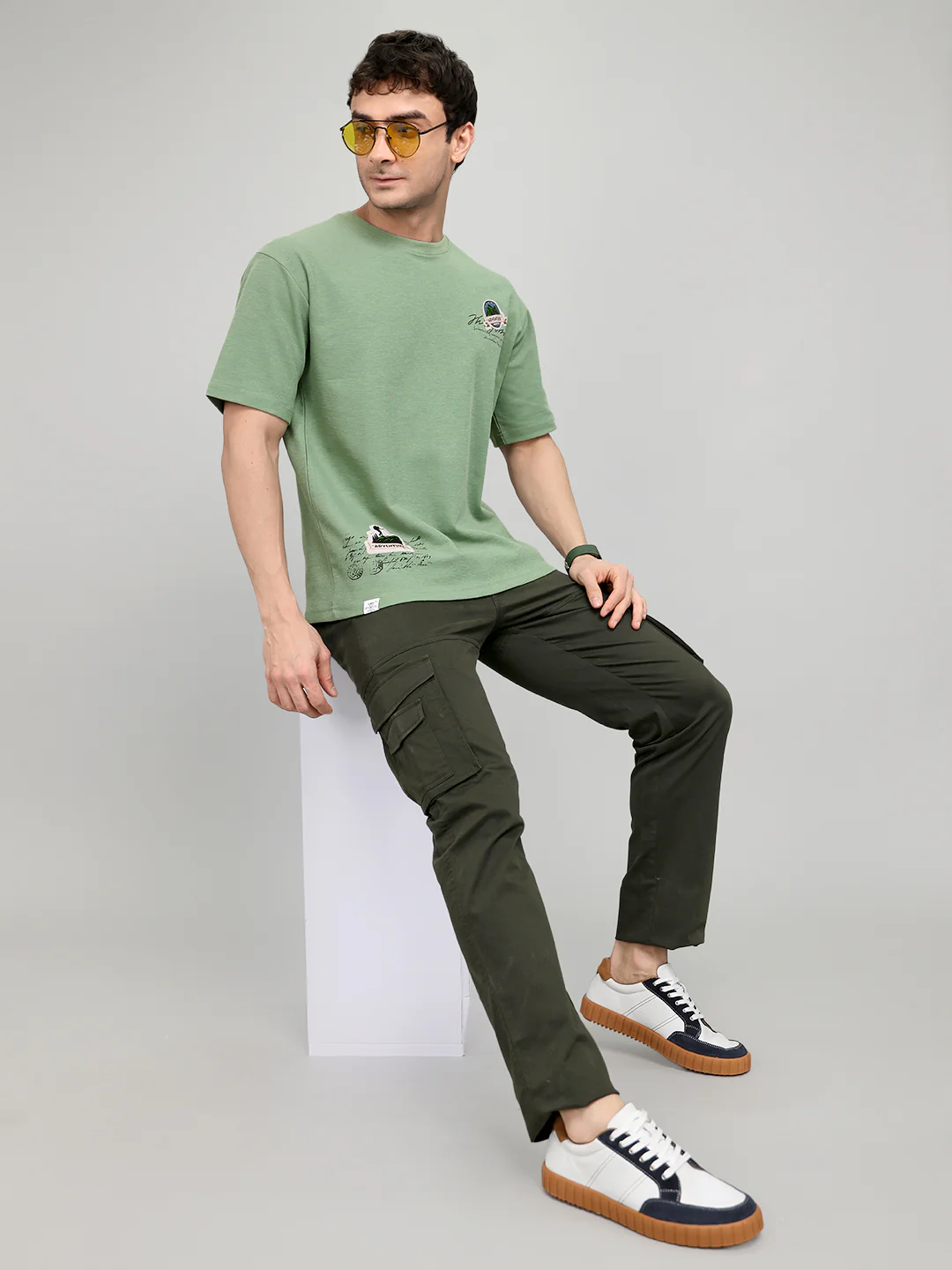 Men Green Printed Round Neck Half Sleeve T-Shirt - Image 6