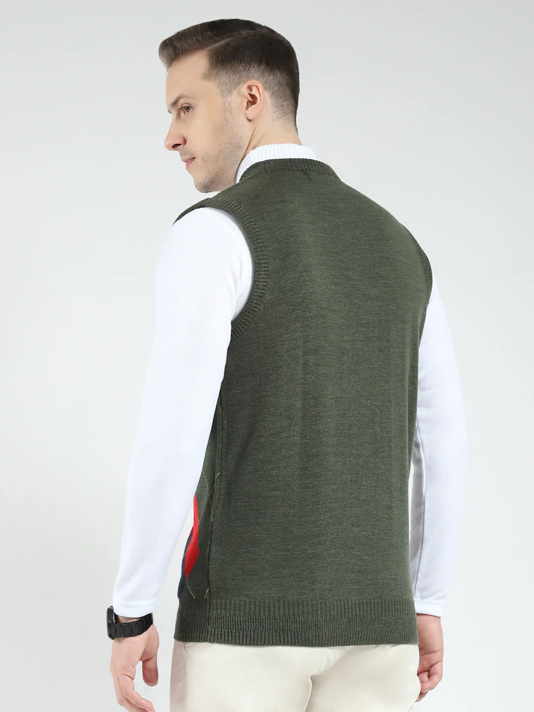 Men Green Printed V Neck Sleeveless Sweater - Image 5