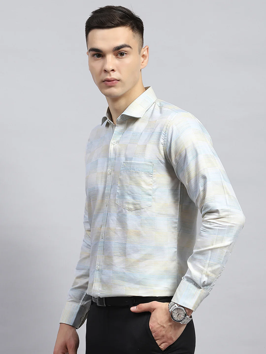Men Green Self Design Collar Full Sleeve Shirt - Image 3