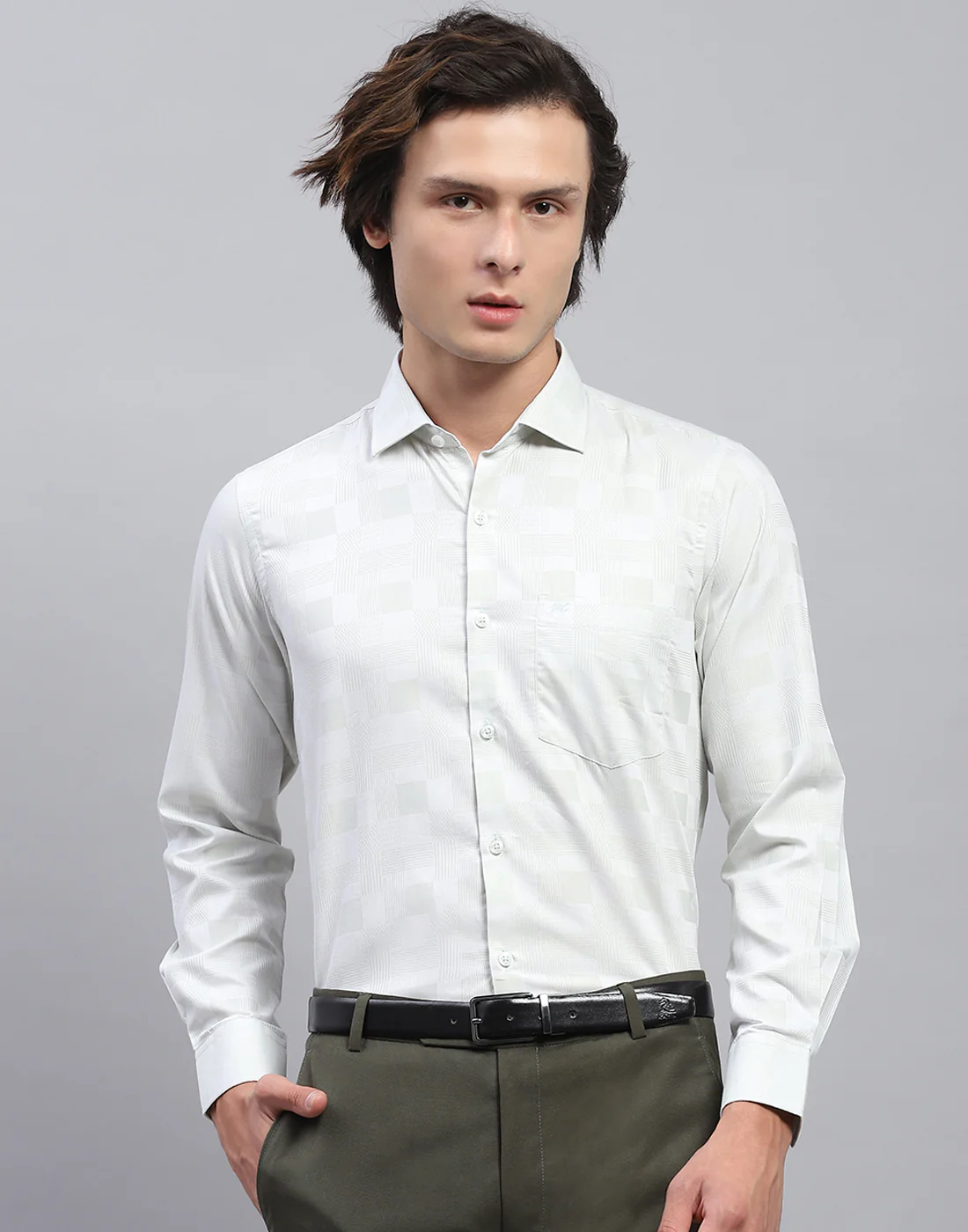 Men Green Self Design Collar Full Sleeve Shirt - Image 2