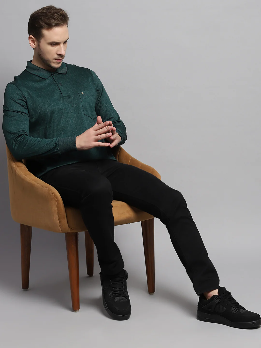 Luxuria Men Green Self Design Collar Full Sleeve Winter T-Shirt - Image 2