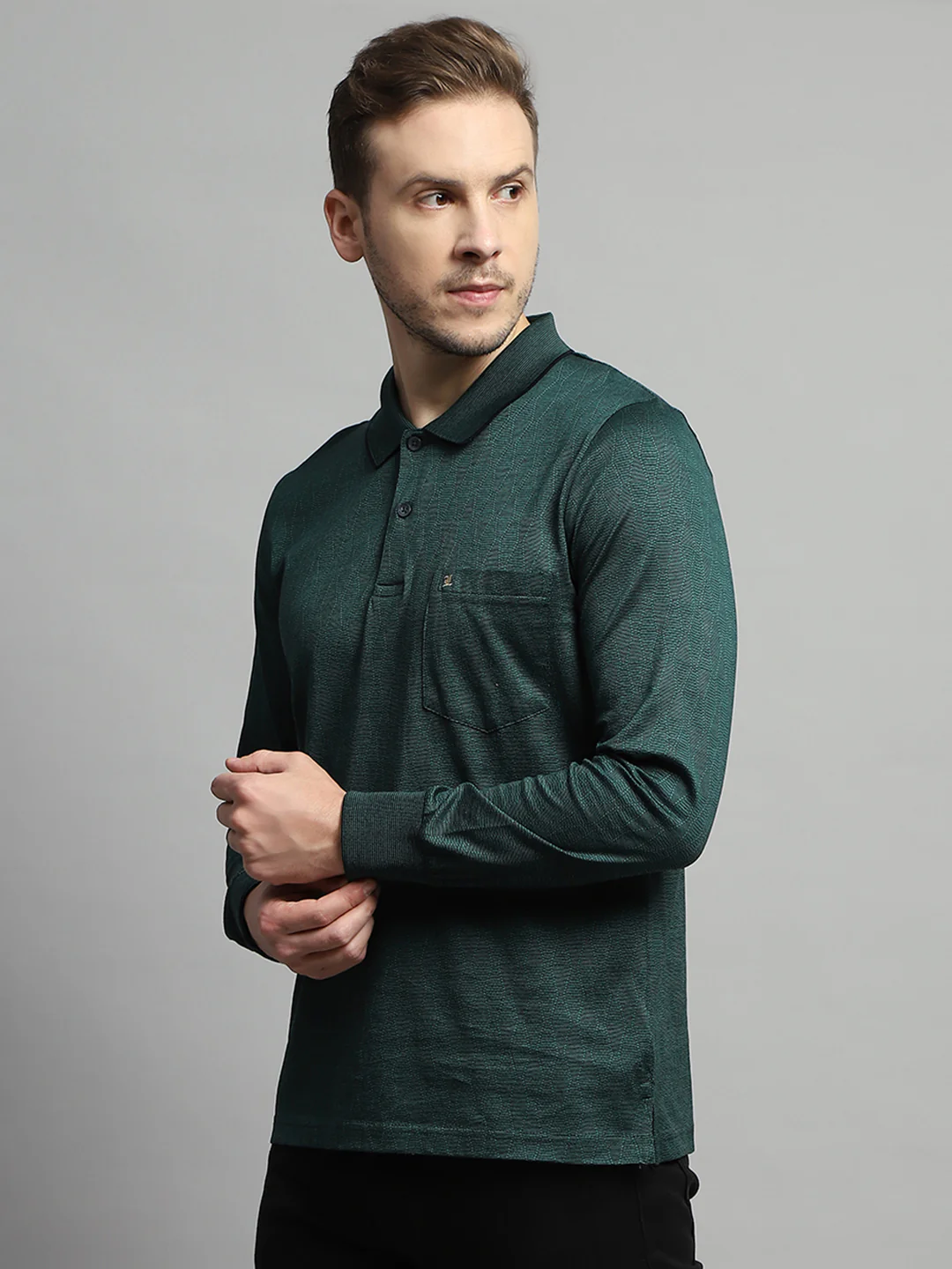 Luxuria Men Green Self Design Collar Full Sleeve Winter T-Shirt - Image 3