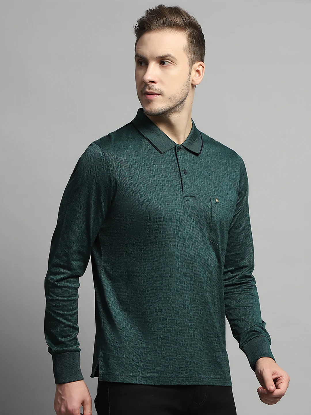Luxuria Men Green Self Design Collar Full Sleeve Winter T-Shirt - Image 4
