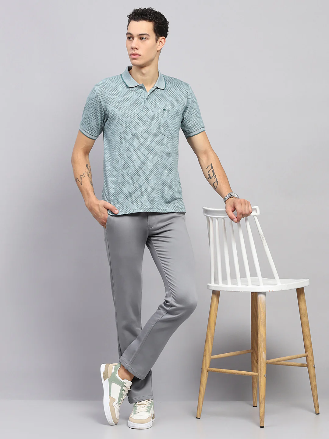 Men Green Self Design Collar Half Sleeve T-Shirt - Image 2