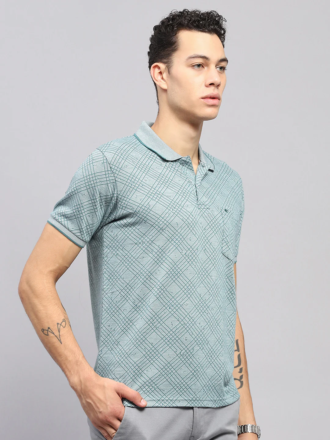 Men Green Self Design Collar Half Sleeve T-Shirt - Image 4