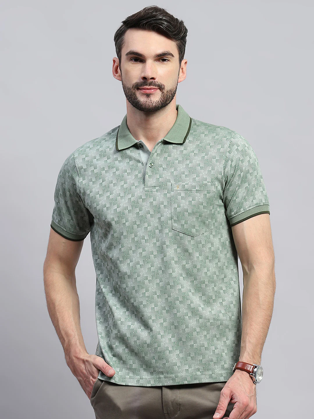 Men Green Self Design Collar Half Sleeve T-Shirt - Image 2