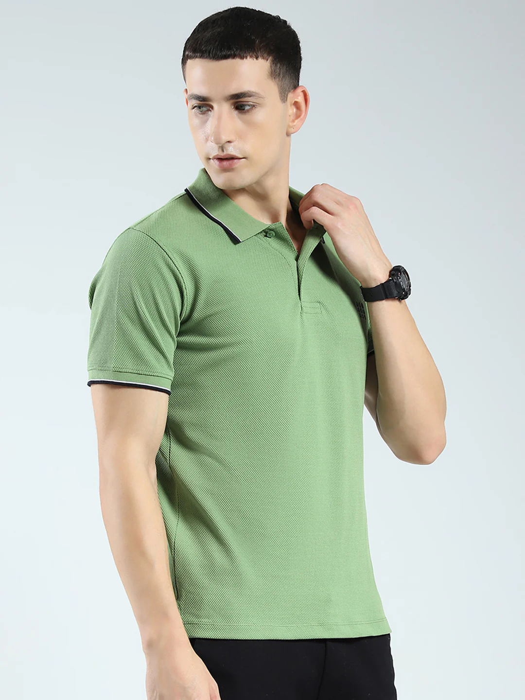 Rock.it Men Green Self Design Collar Half Sleeve T-Shirt - Image 4