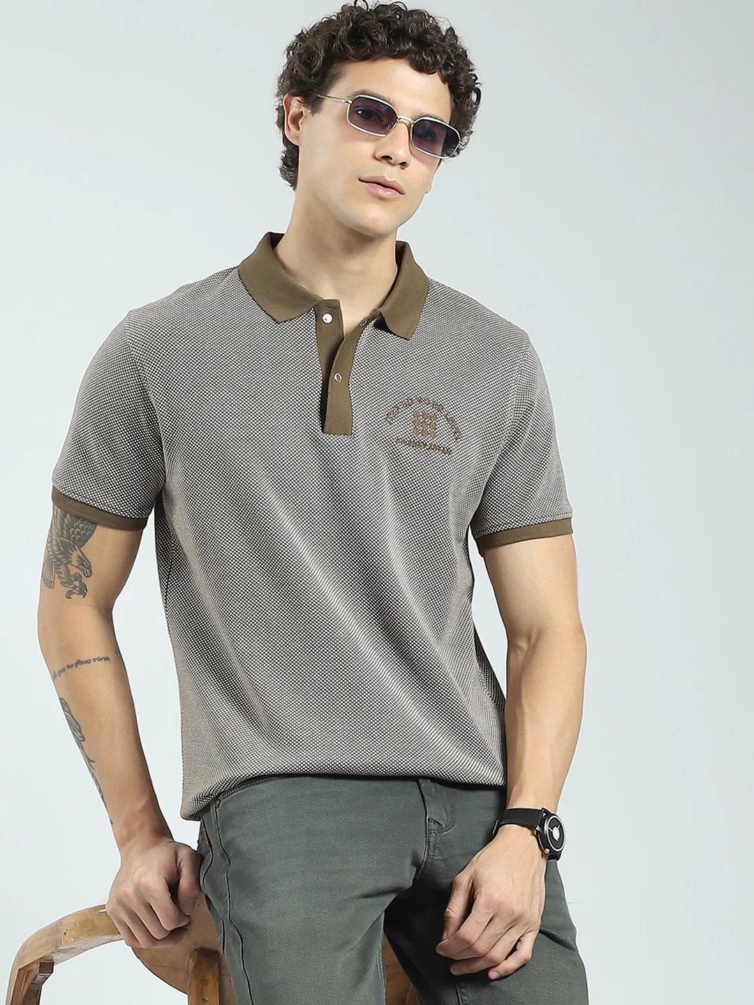 Rock.it Men Green Self Design Collar Half Sleeve T-Shirt - Image 6