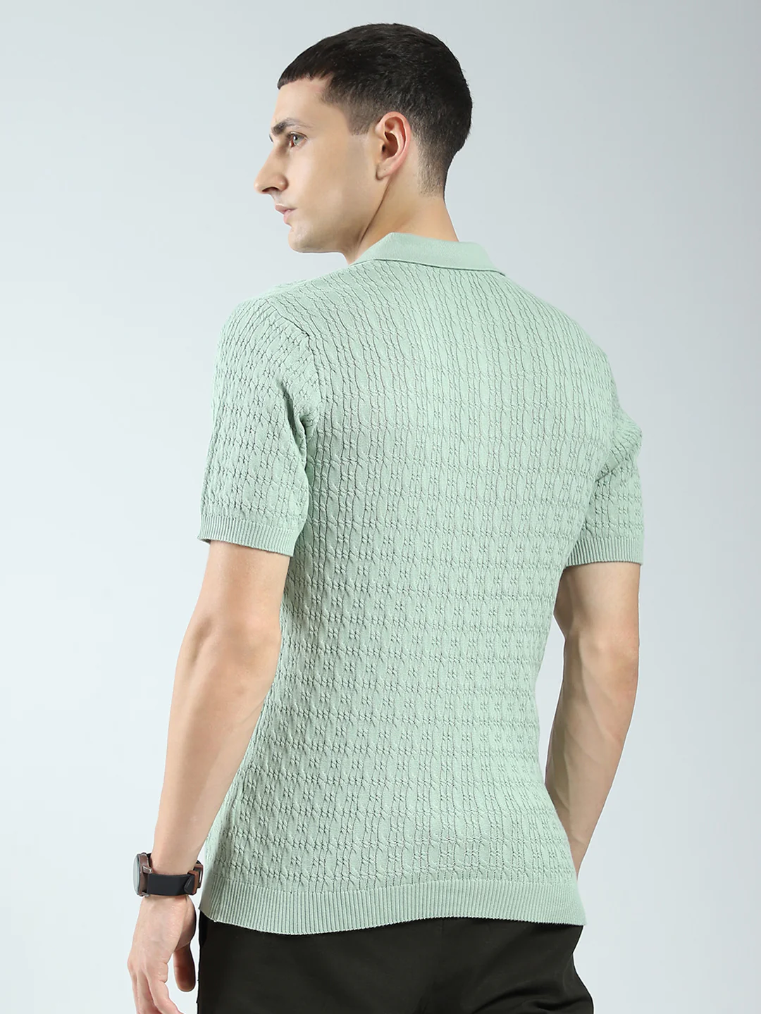 Rock.it Men Green Self Design Collar Half Sleeve T-Shirt - Image 5