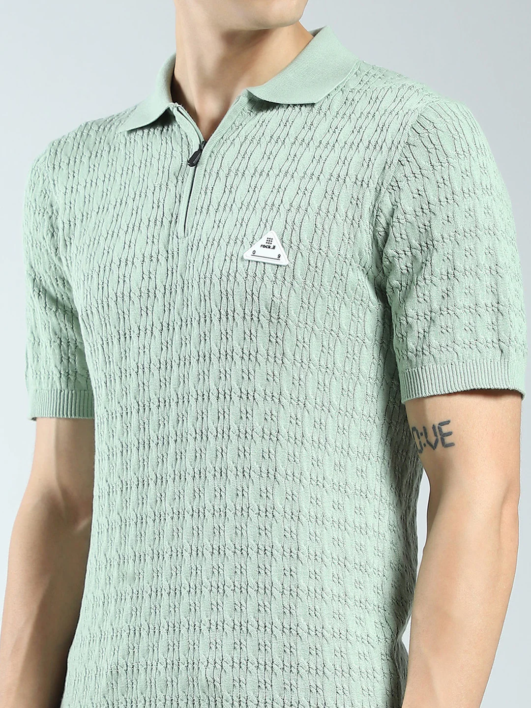 Rock.it Men Green Self Design Collar Half Sleeve T-Shirt - Image 6