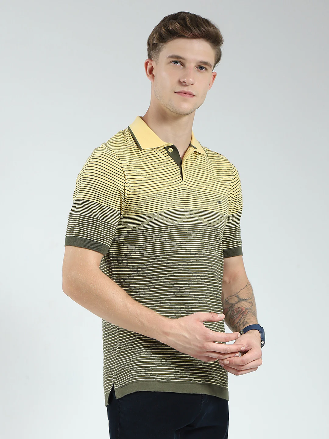 Men Green Self Design Collar Half Sleeve T-Shirt - Image 4