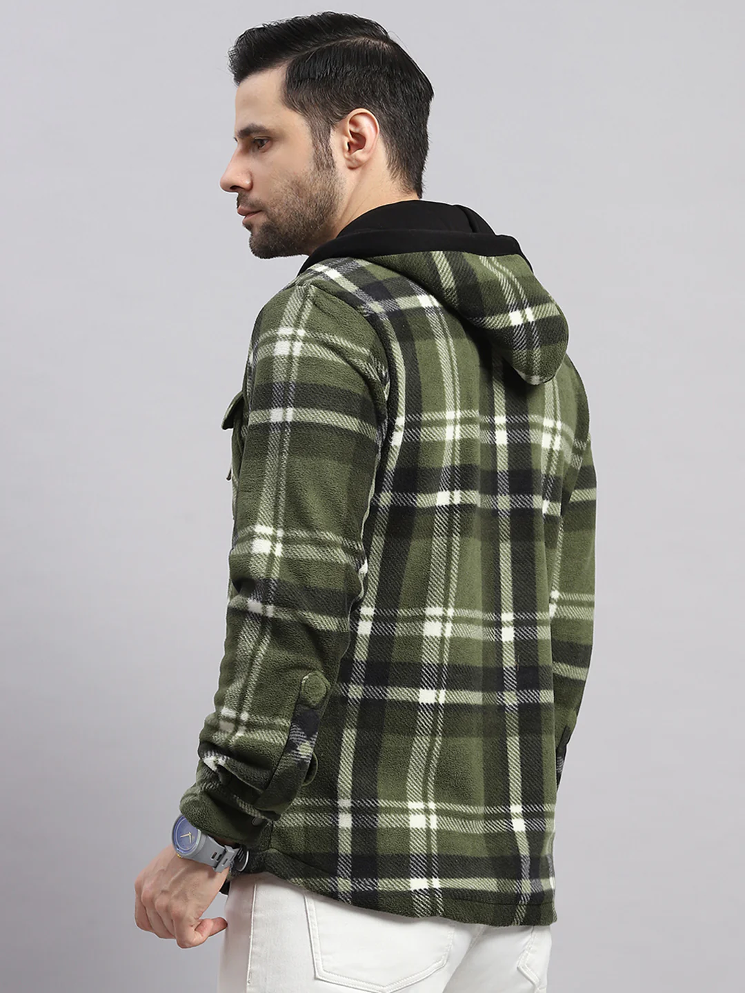 Men Green Self Design Hooded Extra-Warm Full Sleeve Shacket - Image 5