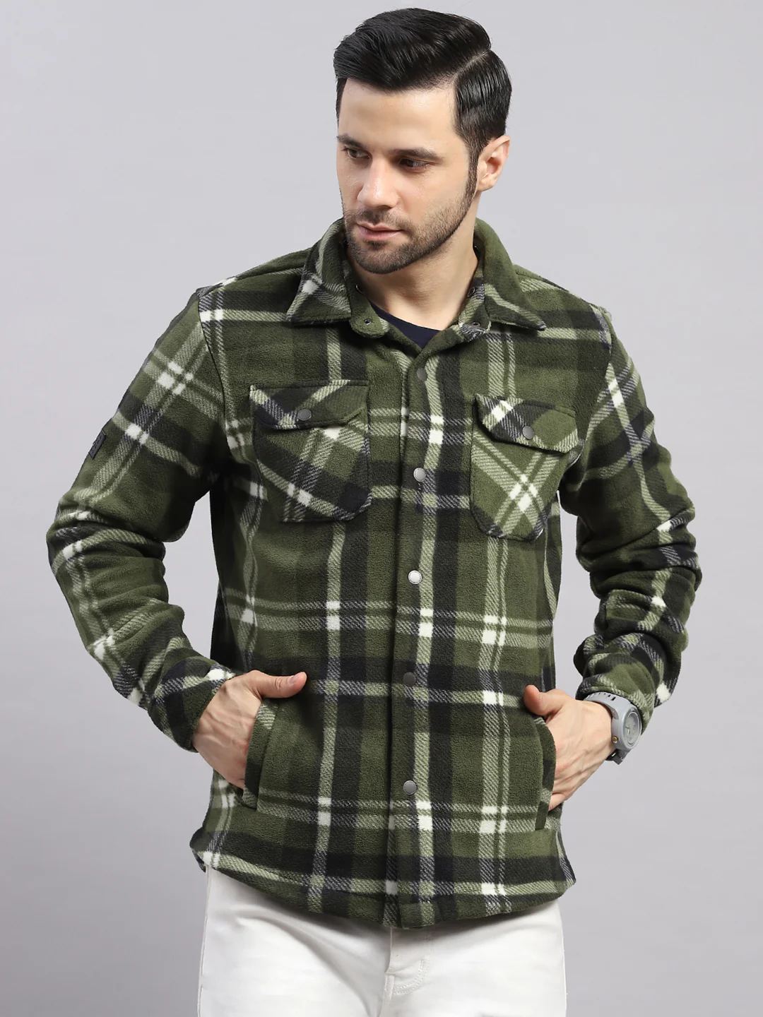 Men Green Self Design Hooded Extra-Warm Full Sleeve Shacket - Image 6