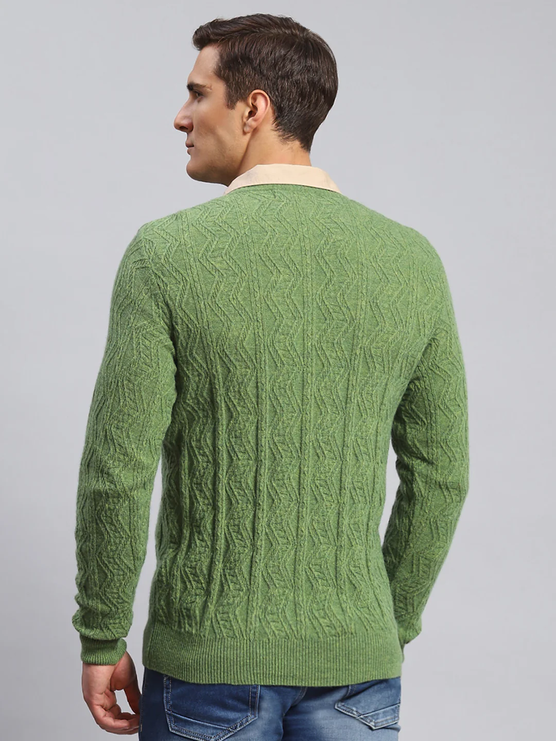 Men Green Self Design Lamb wool Pullover - Image 5