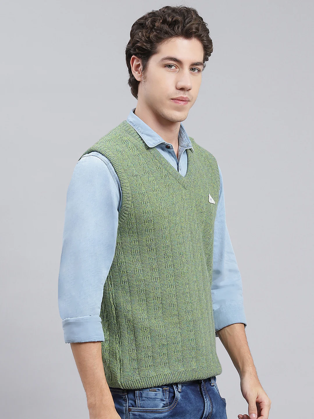 Men Green Self Design Lamb wool Sweater - Image 3