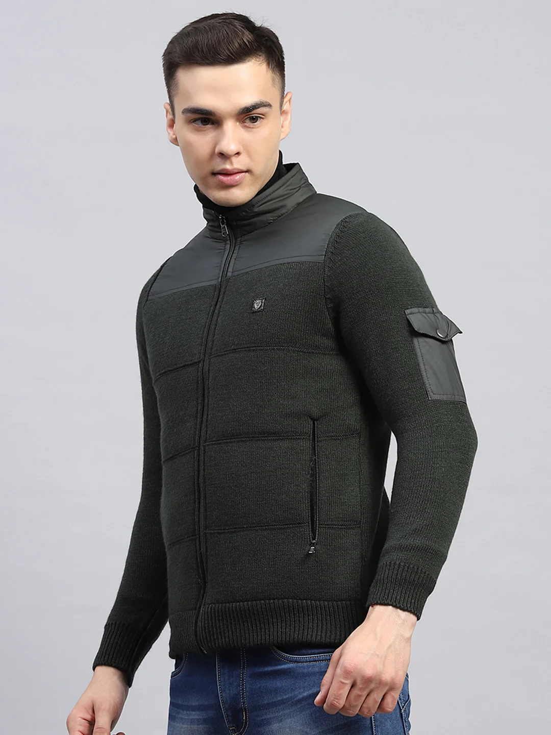 Men Green Self Design Mock Neck Full Sleeve Jacket - Image 3