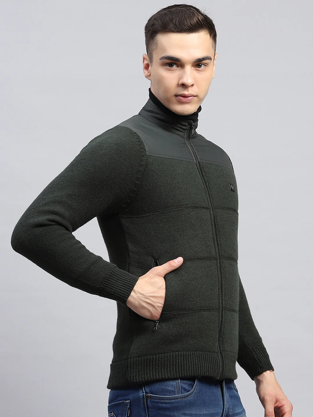 Men Green Self Design Mock Neck Full Sleeve Jacket - Image 4