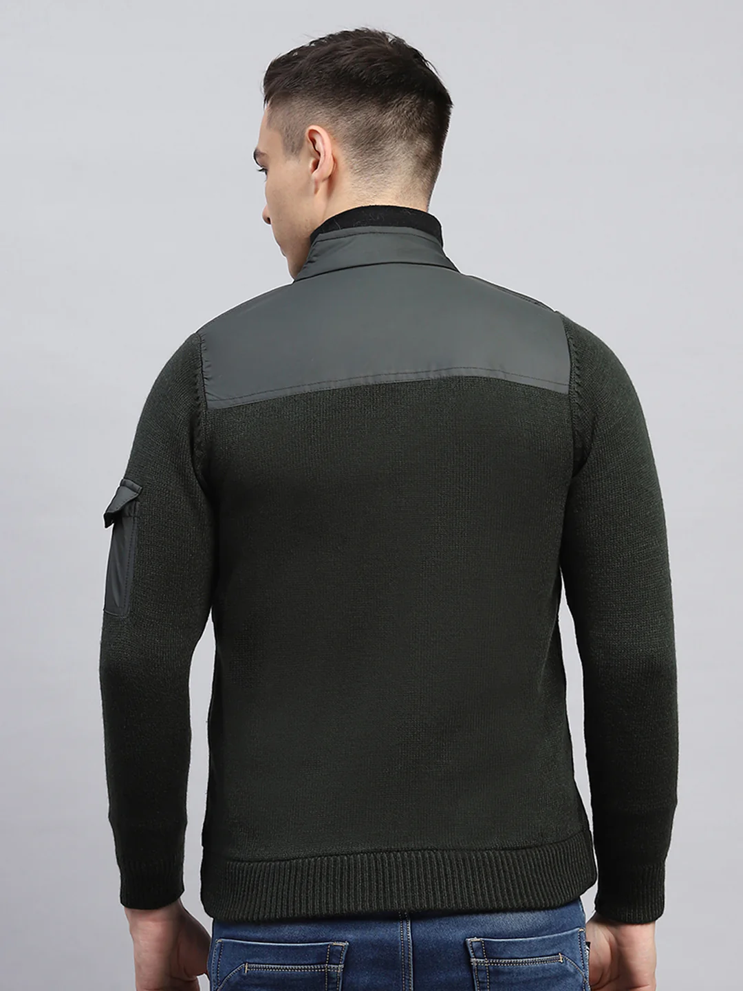Men Green Self Design Mock Neck Full Sleeve Jacket - Image 5