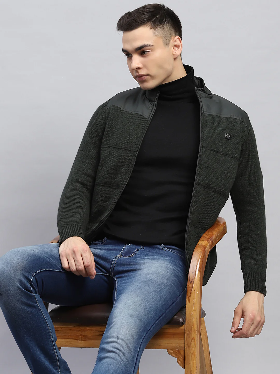 Men Green Self Design Mock Neck Full Sleeve Jacket - Image 6
