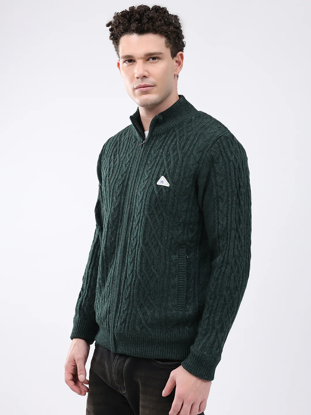 Men Green Self Design Mock Neck Full Sleeve Jacket - Image 3
